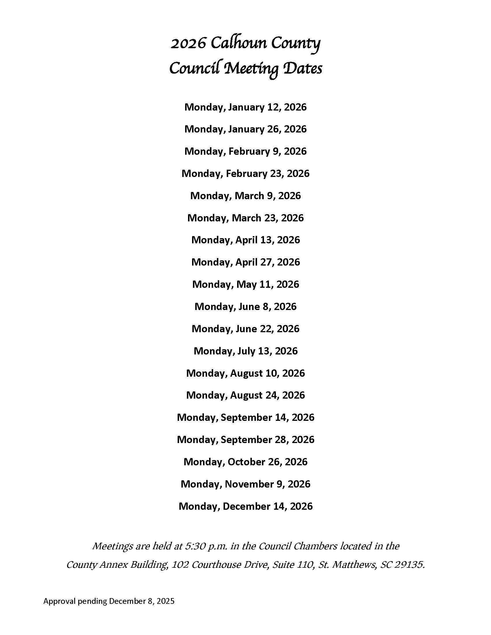 County Council Meeting Dates for 2026
