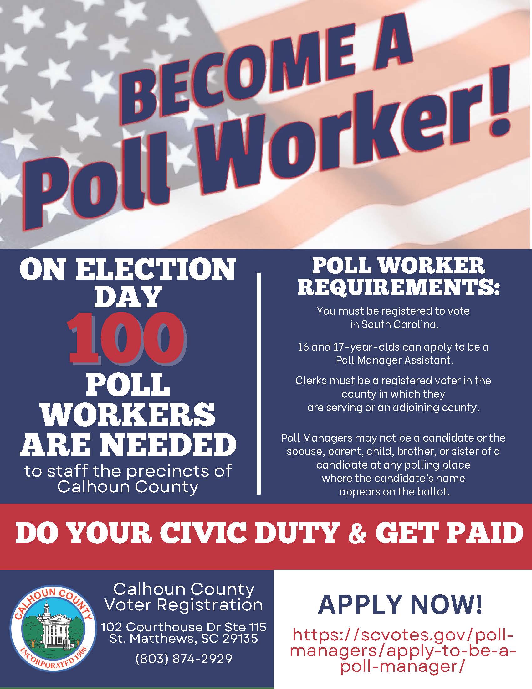 Calhoun County is Actively Recruiting Poll Workers!