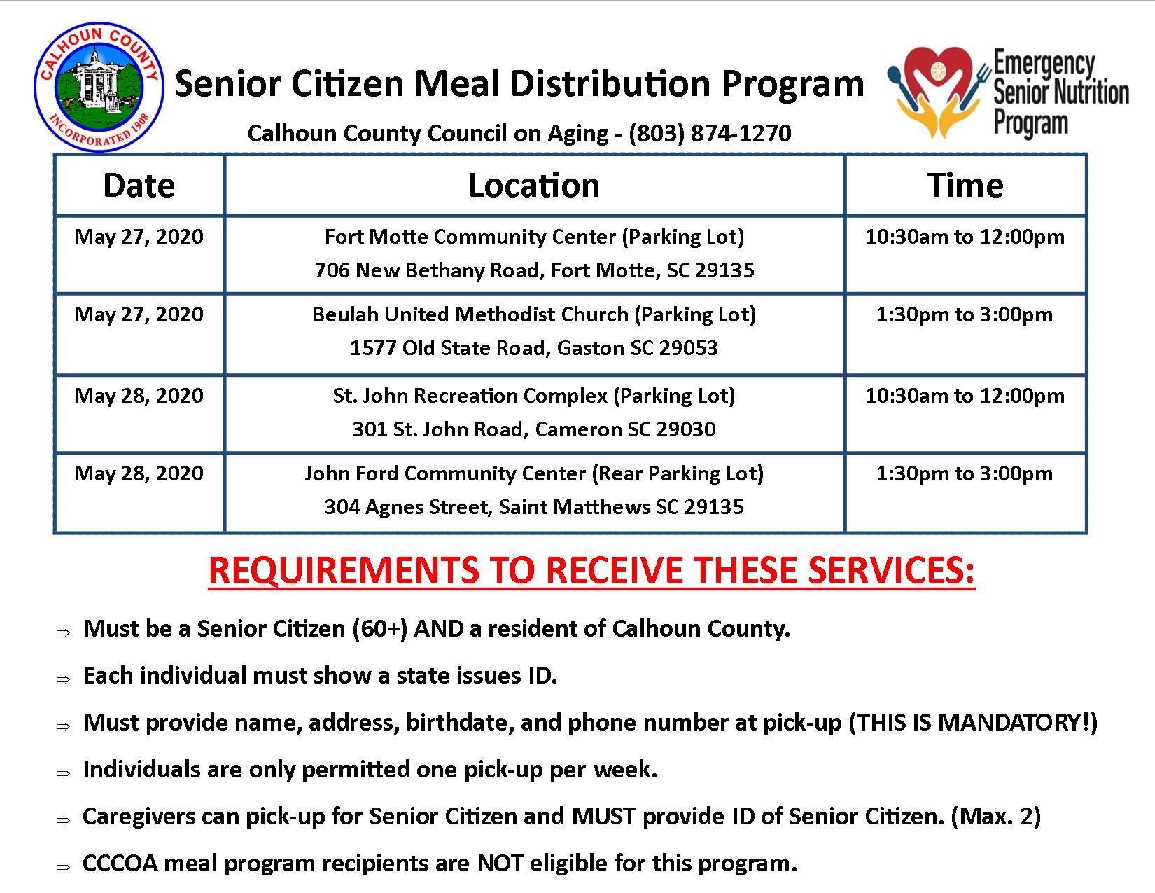 Dates for CCCOA Senior Citizen Meal Distribution Program