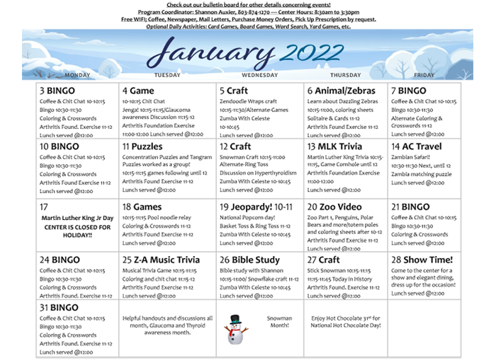 CCCOA January 2022 Calendar of Events